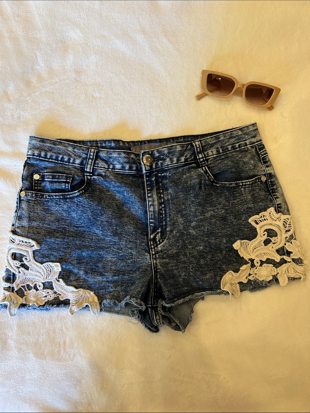 Denim Lace-Appliqué Women’s Shorts in Dark Blue